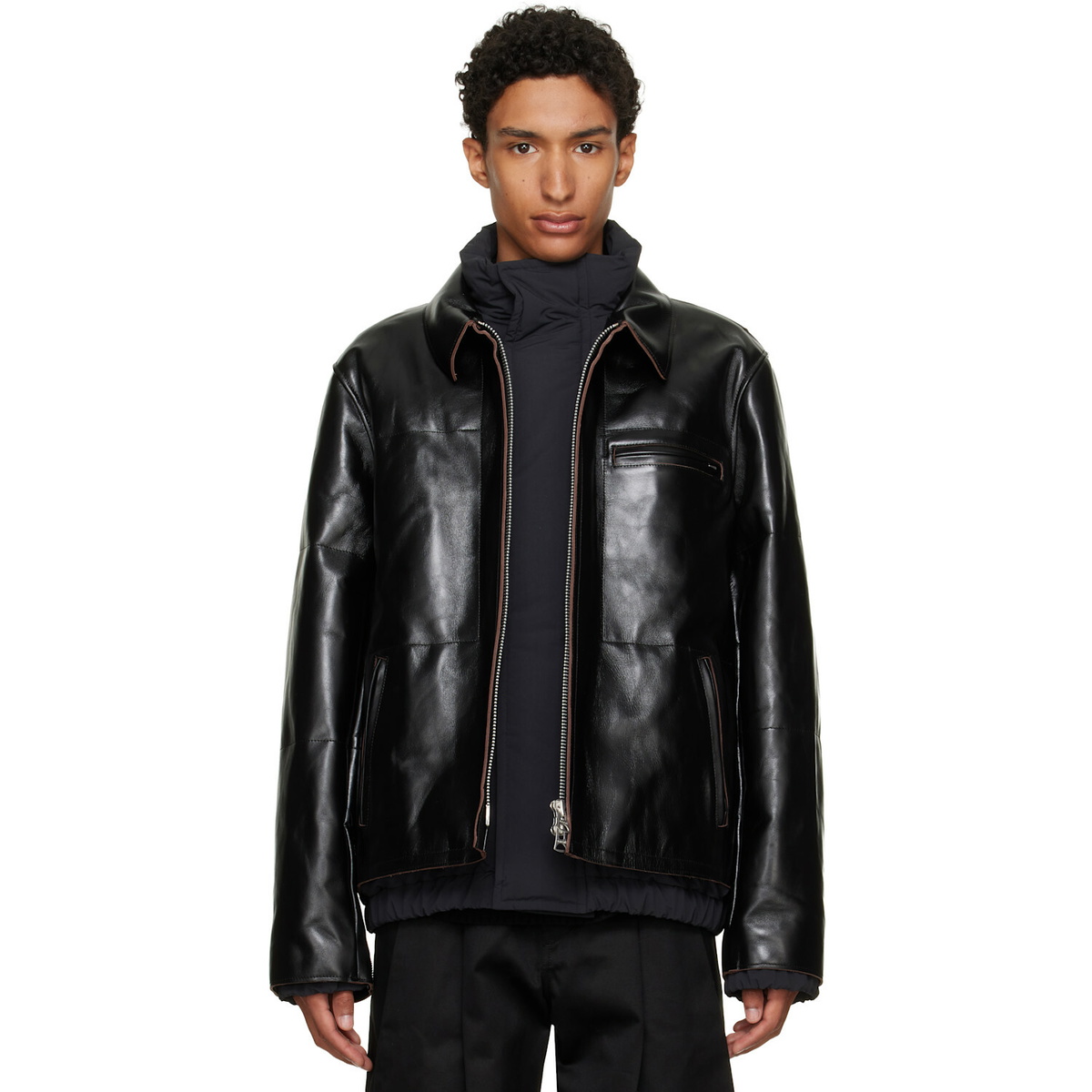 sacai Black Down Leather Blouson Jacket