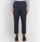 YMC - Hand Me Down Tapered Cropped Pinstriped Cotton and Linen-Blend Trousers - Blue