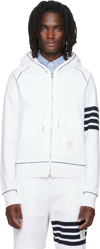 Photo: Thom Browne White Loopback 4-Bar Zip Up Hoodie