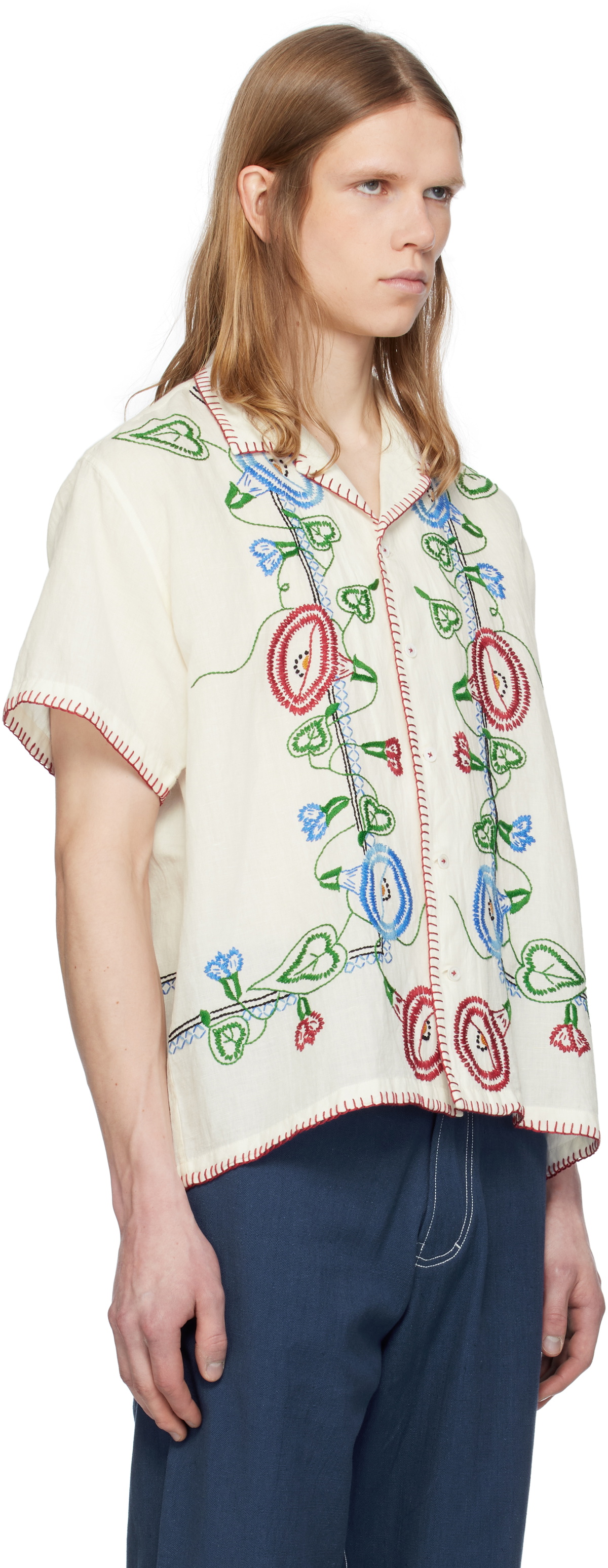 HARAGO White Embroidered Linen Shirt