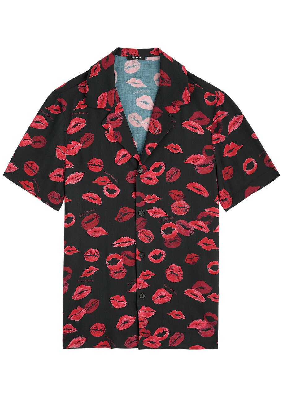 Balmain Kiss Printed Twill Shirt Black Red Balmain