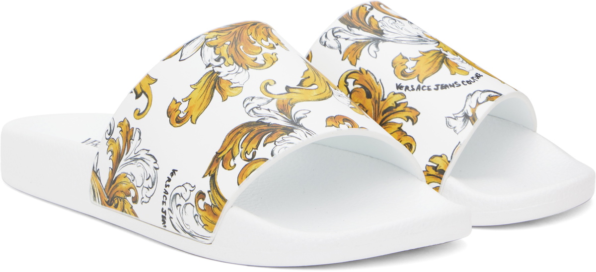 Versace Jeans Couture White & Gold Outline Barocco Pool Slides