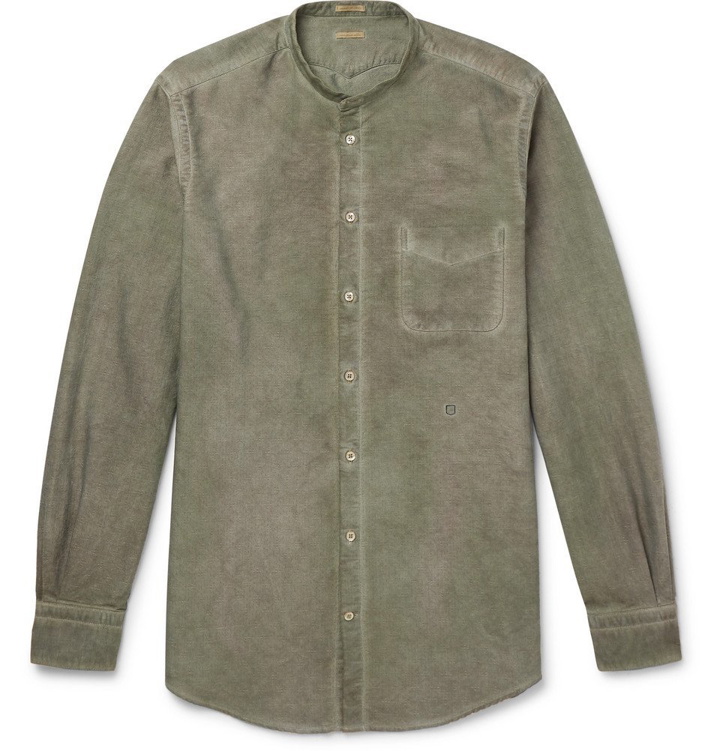 Photo: Massimo Alba - Grandad-Collar Watercolour-Dyed Cotton Oxford Shirt - Green