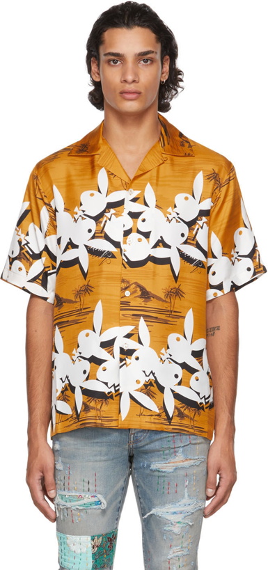 Photo: AMIRI Yellow Playboy Edition Silk Tropical Short Sleeve Shirt