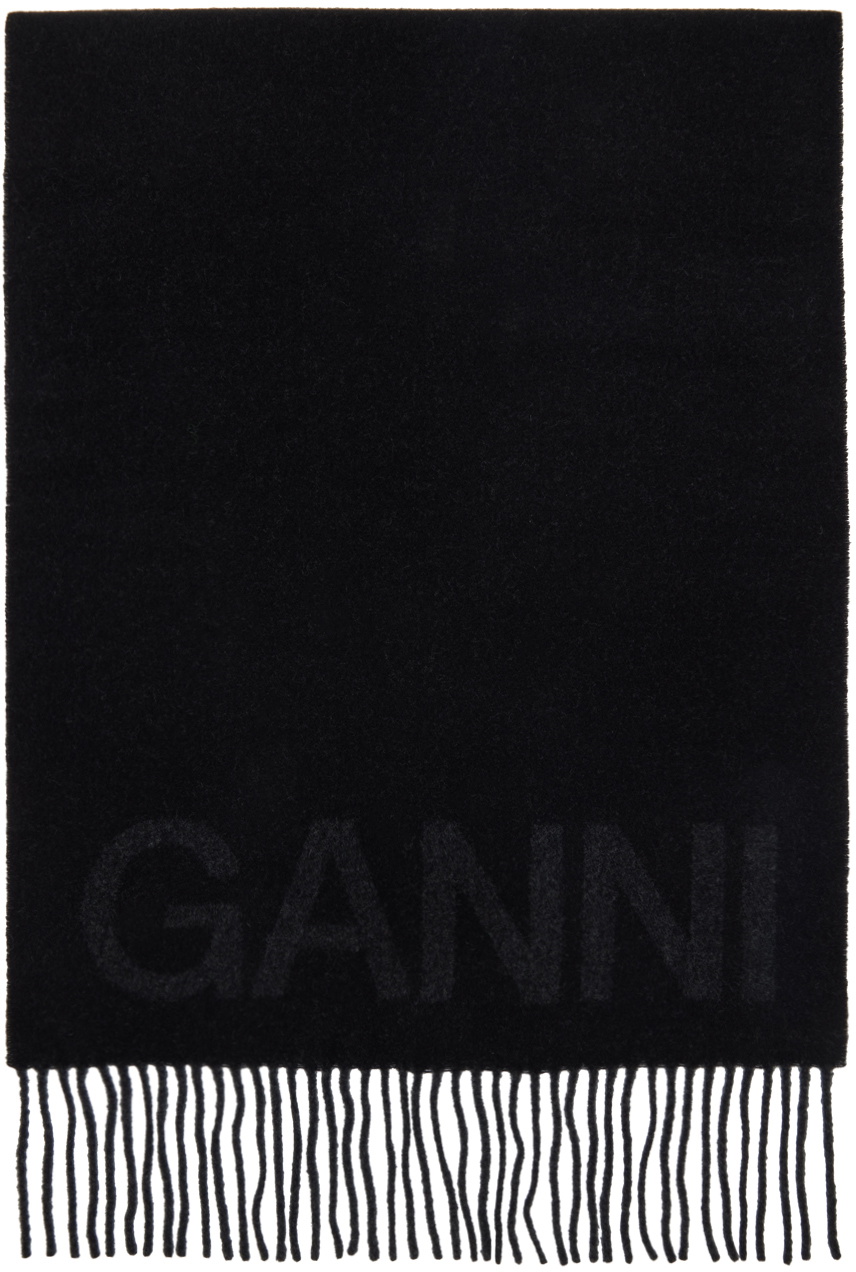 GANNI Black Fringed Wool Scarf