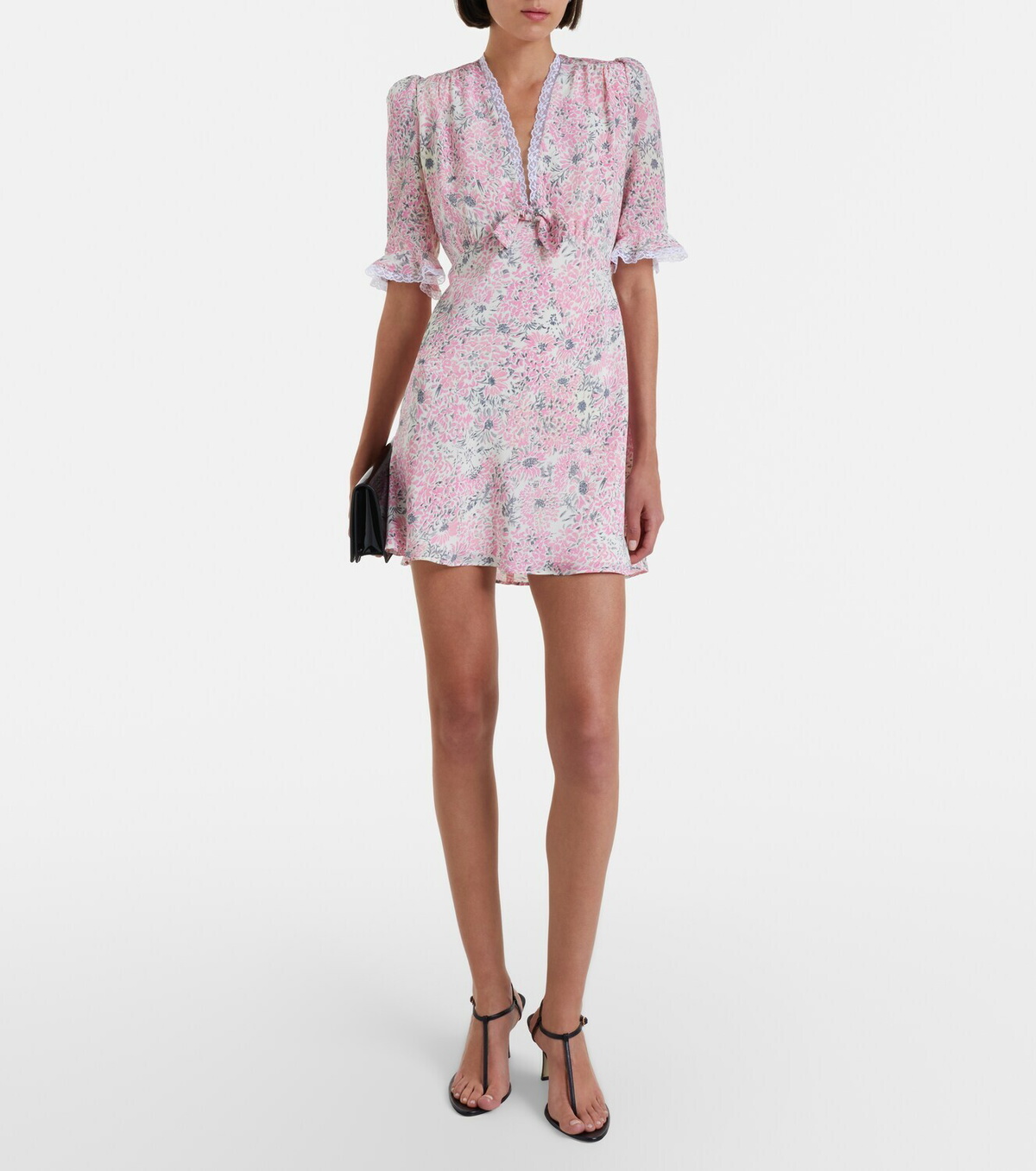 Alessandra Rich Lace-trimmed floral silk minidress