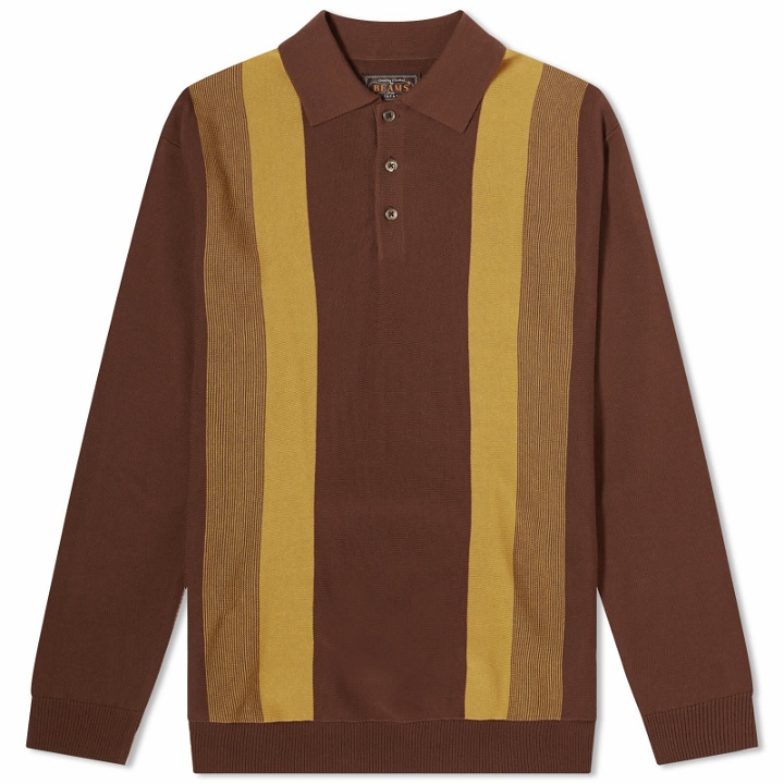 Photo: Beams Plus Men's 12g Stripe Knit Long Sleeve Polo Shirt in Brown