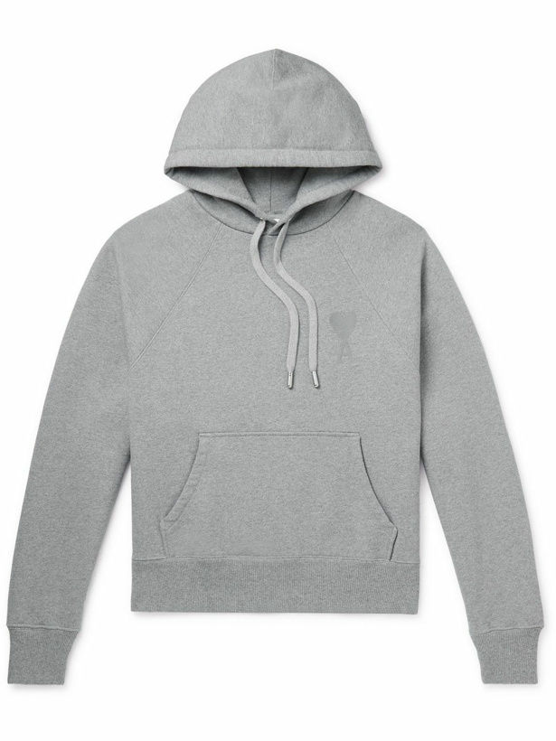 Photo: AMI PARIS - Logo-Embroidered Organic Cotton-Jersey Hoodie - Gray