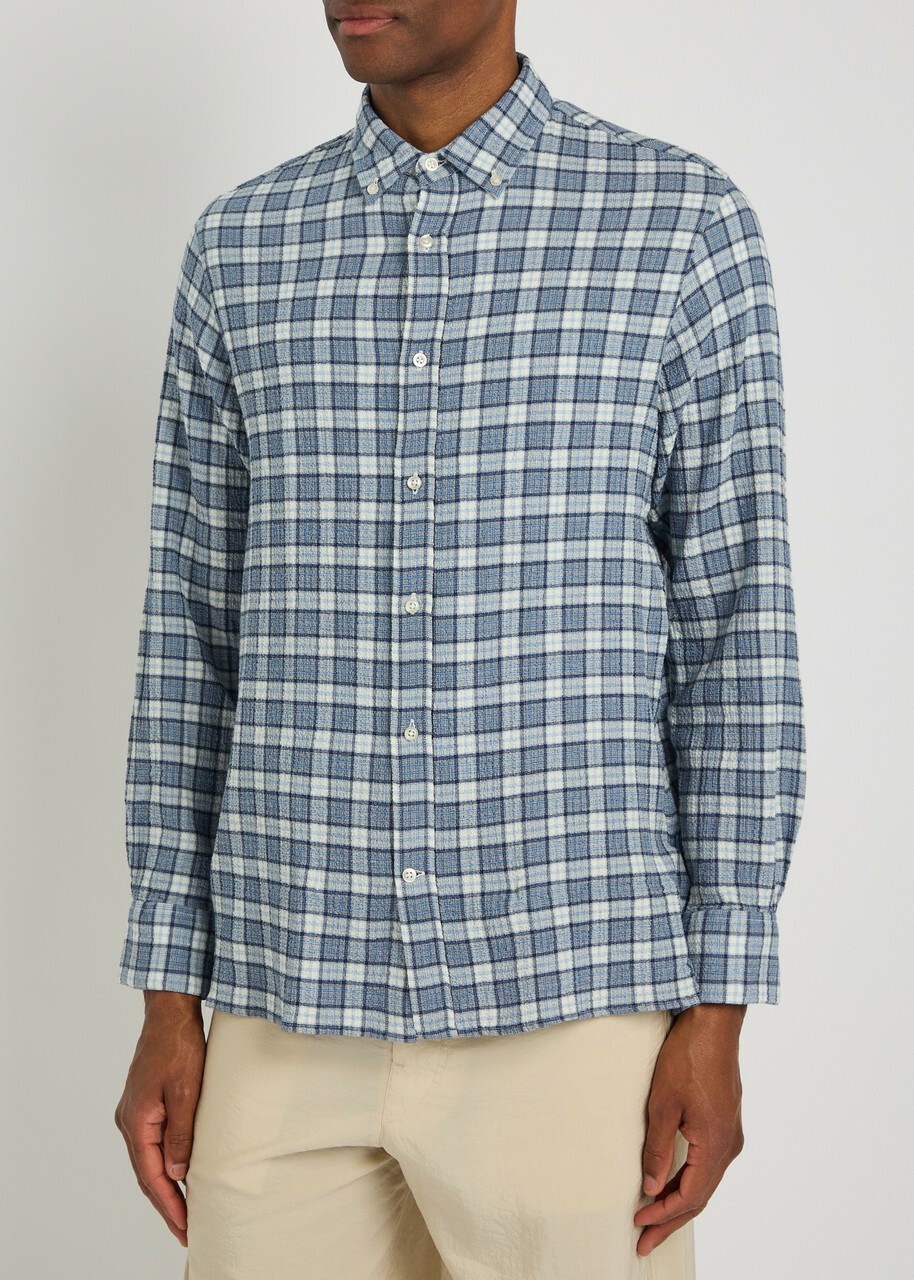 Officine Générale Arsene Checked Waffle Stretch-cotton Shirt Blue