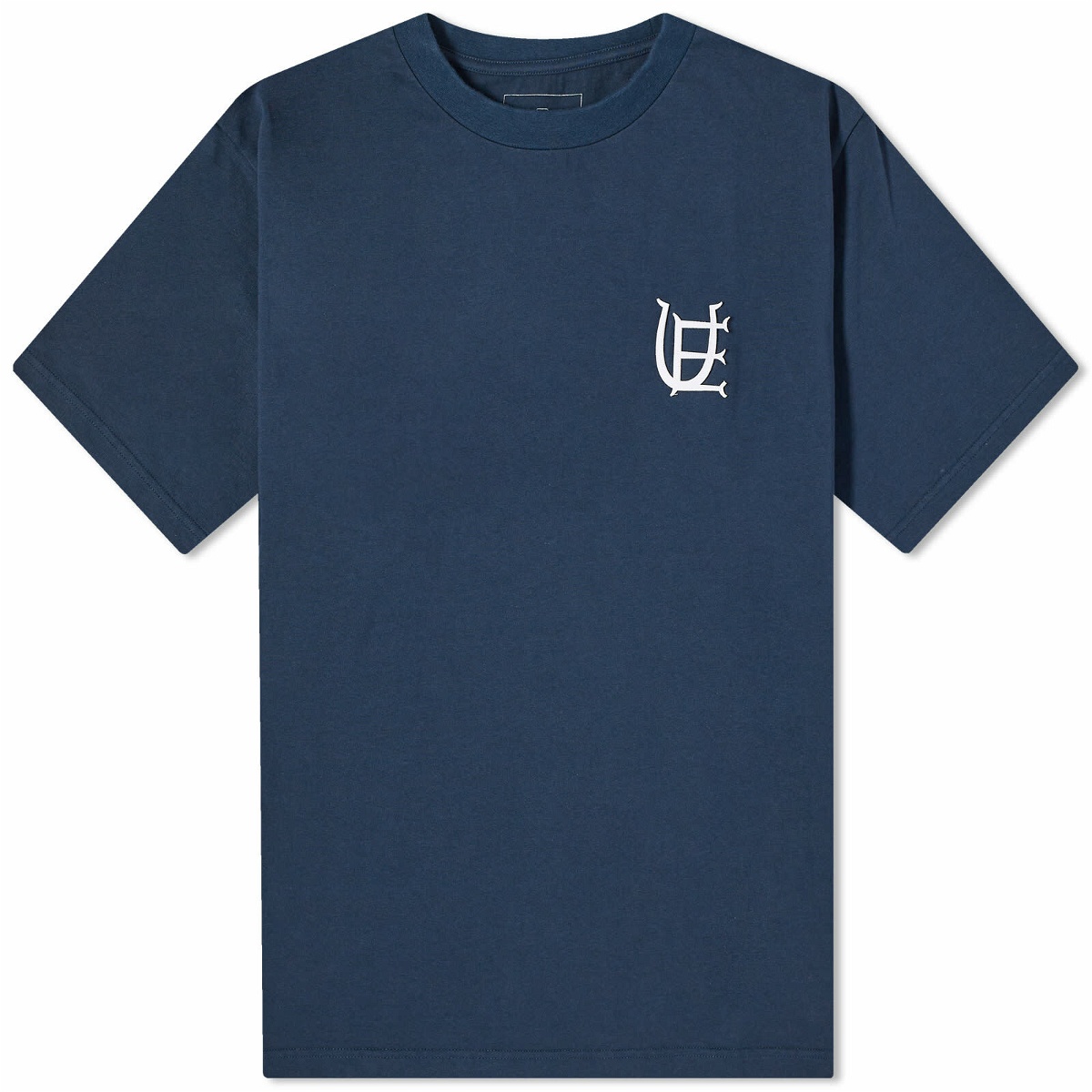 Photo: Uniform Experiment Men's Authentic Logo Wide T-Shirt in Navy