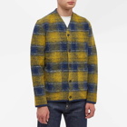 Universal Works Men's Check Wool Fleece Cardigan in Yellow/Blue