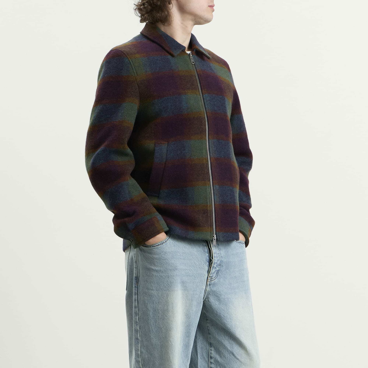 Les Deux Men's Check Wool Zipper Coach Jacket in Rosin Green