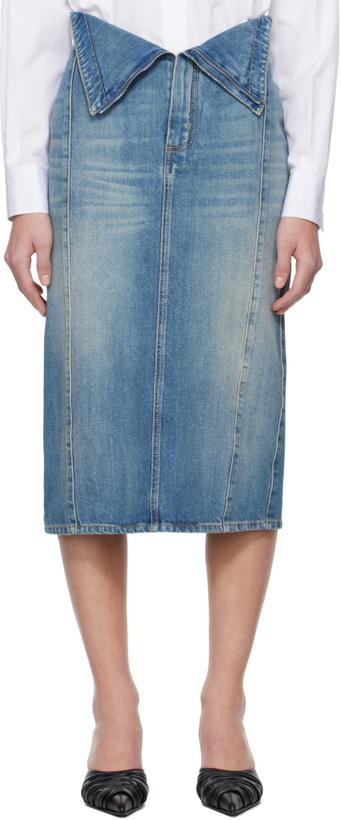 Photo: McQueen Blue Fold Over Waist Denim Midi Skirt