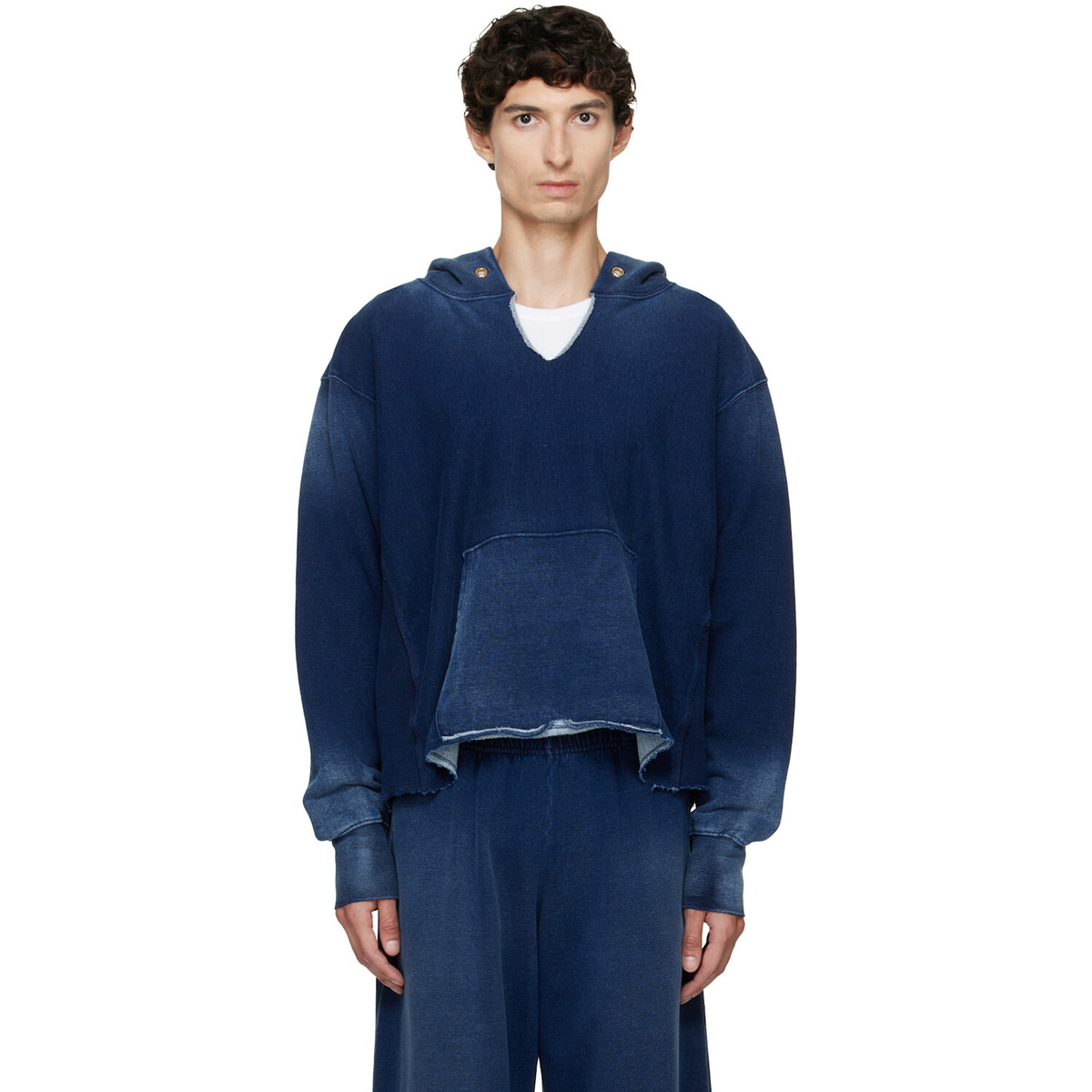 Les Tien Navy Heavyweight Raw Cropped Hoodie