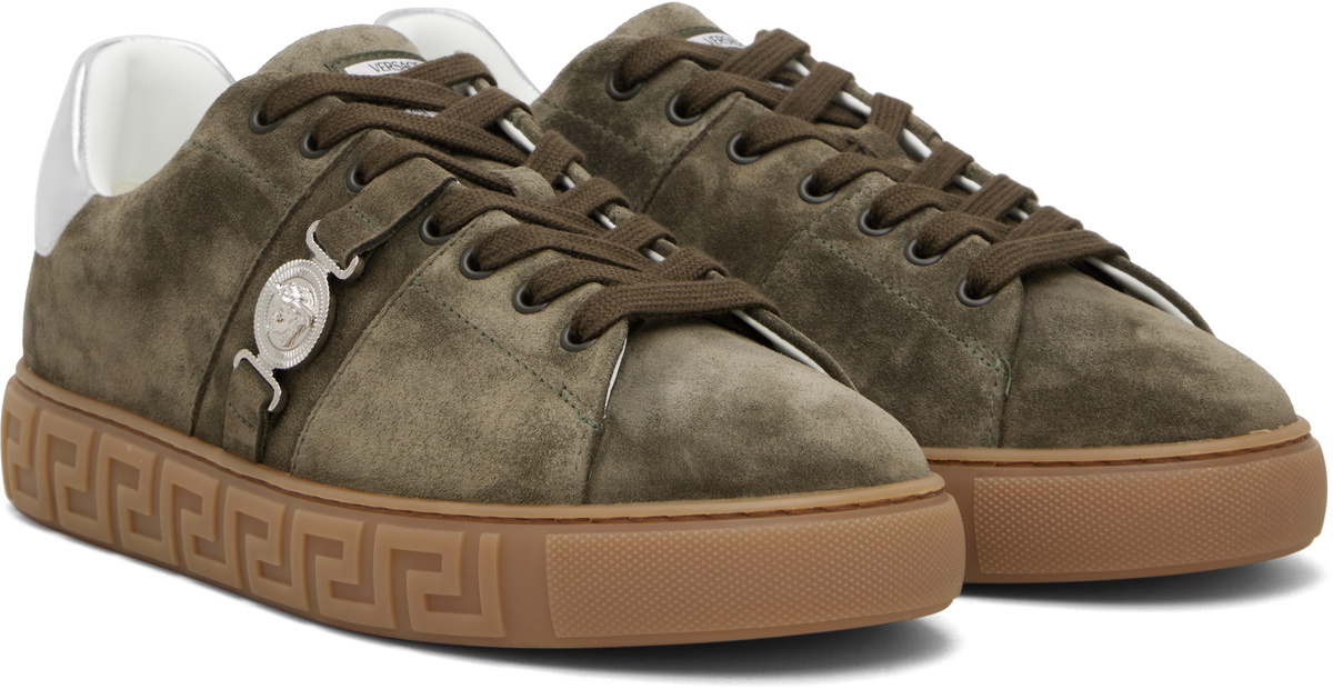 Versace Khaki Greca Embellished Suede Sneakers