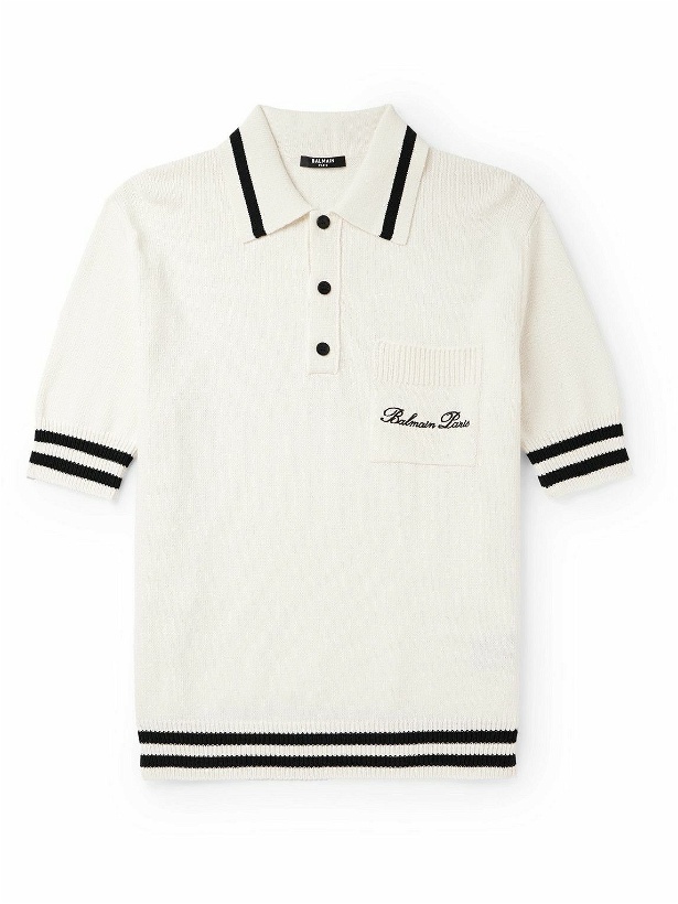 Photo: Balmain - Logo-Embroidered Striped Knitted Polo Shirt - Neutrals