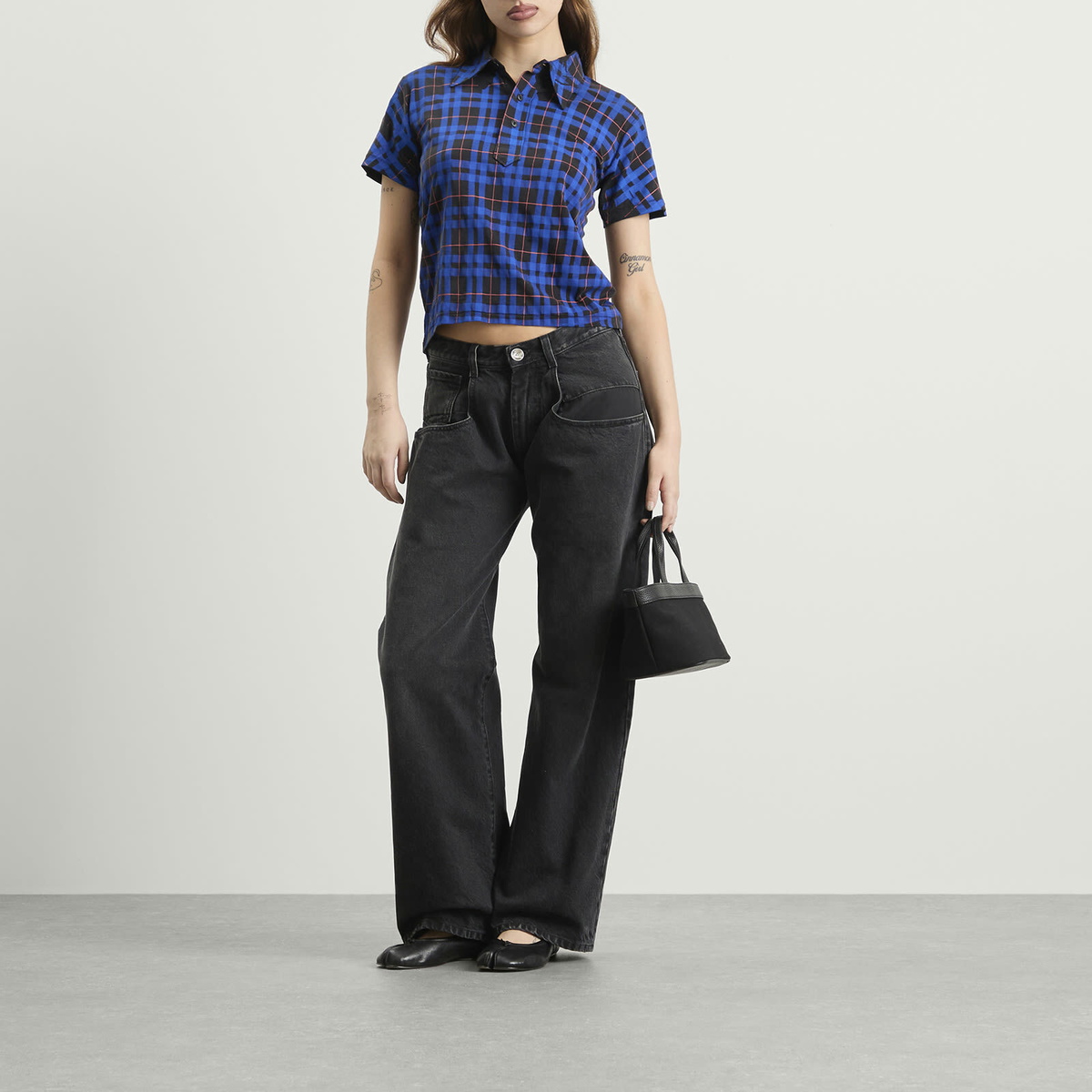 Maison Margiela Women's Check Polo Top in Blue/Black