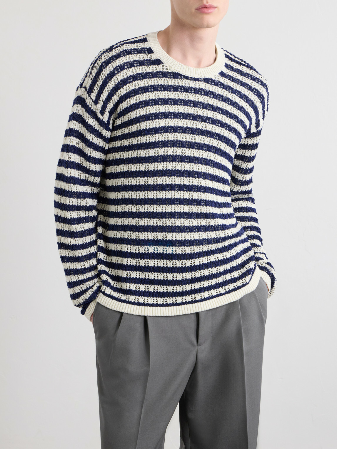 Aimé Leon Dore - Eyelet Striped Open-Knit Cotton Sweater - Blue