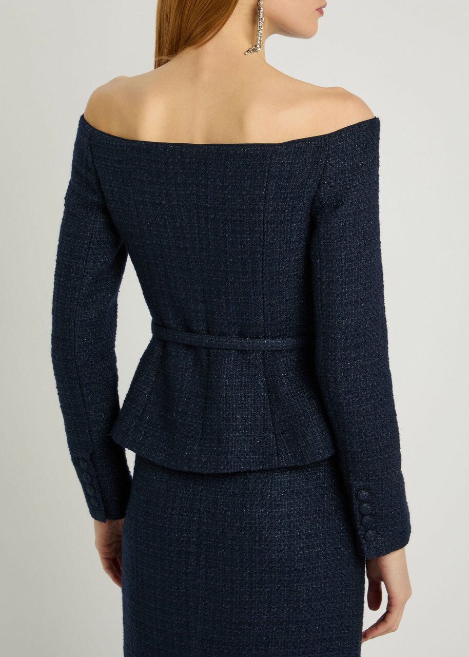 Roland Mouret Off-the-shoulder Bouclé top Navy