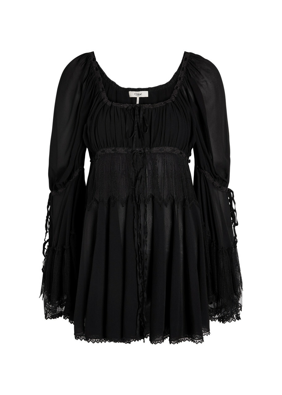 Casual Black Silk Chiffon Blouse With Rhinestone Embroidery And Bracelet Sleeves For Women main image 0