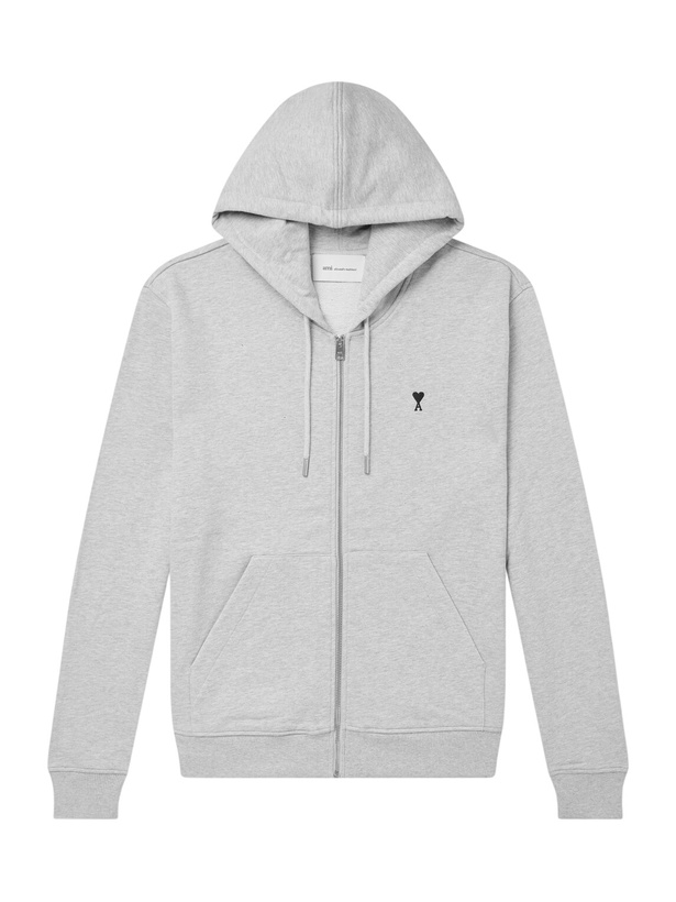 Photo: AMI PARIS - Logo-Embroidered Cotton-Jersey Zip-Up Hoodie - Gray