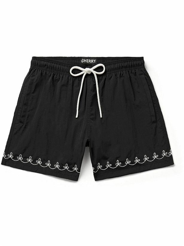 Photo: CHERRY LA - American Classic Straight-Leg Mid-Length Embroidered Swim Shorts - Black