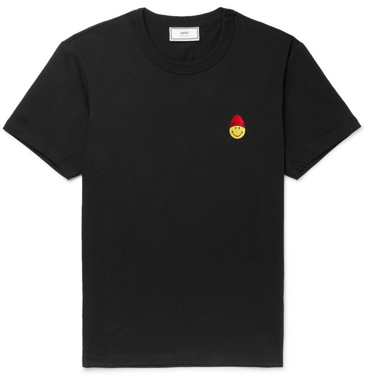 Photo: AMI - The Smiley Company Slim-Fit Logo-Embroidered Cotton-Jersey T-shirt - Men - Black