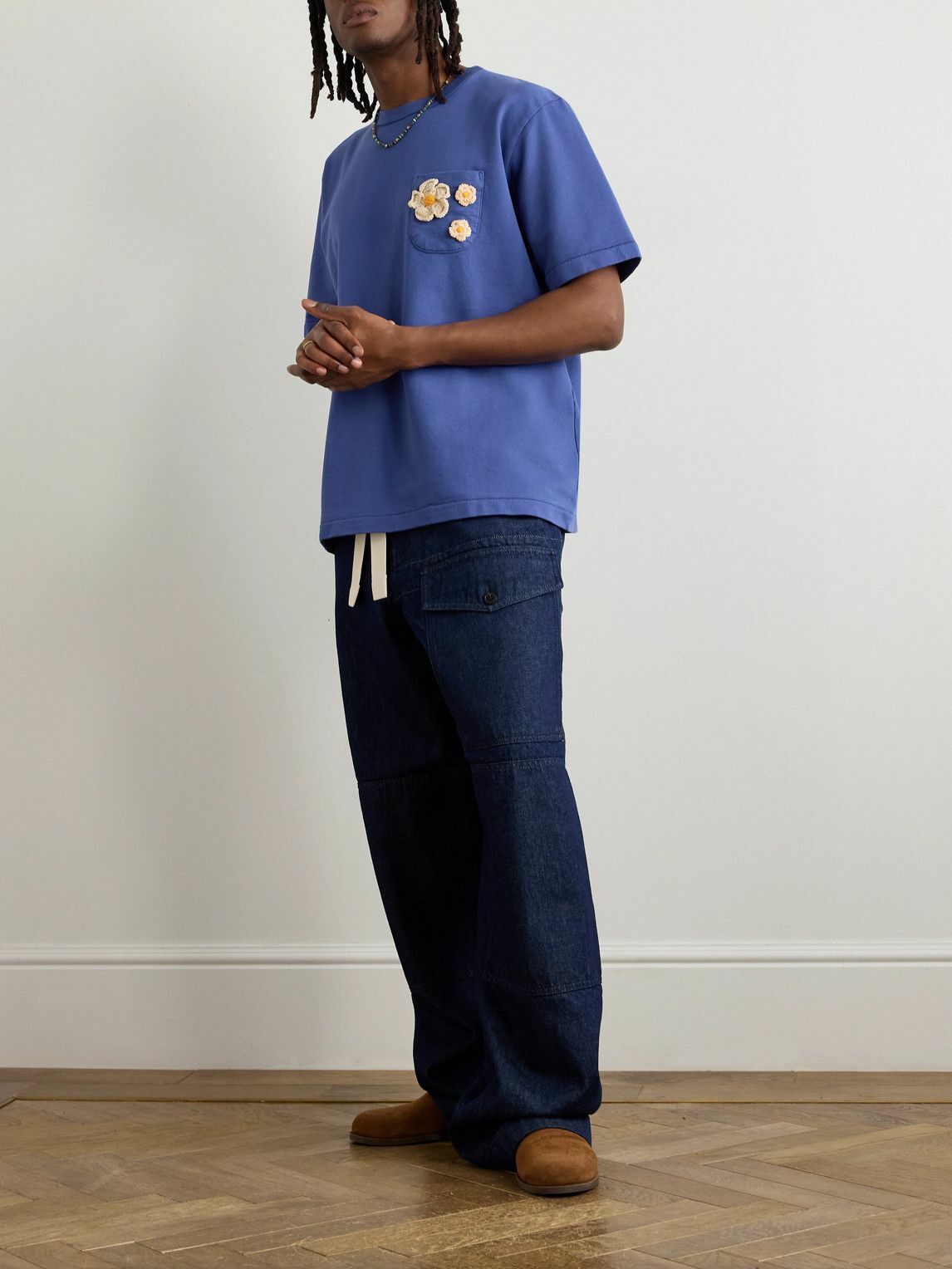 Monitaly - Crochet-Trimmed Cotton-Jersey T-Shirt - Blue