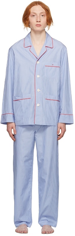 Photo: Isaia Blue & White Cotton Striped Pyjama Set