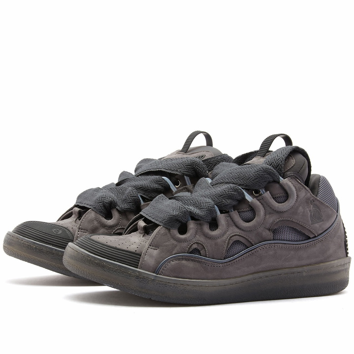 Photo: Lanvin Men's Suede Curb Sneakers in Dark Grey