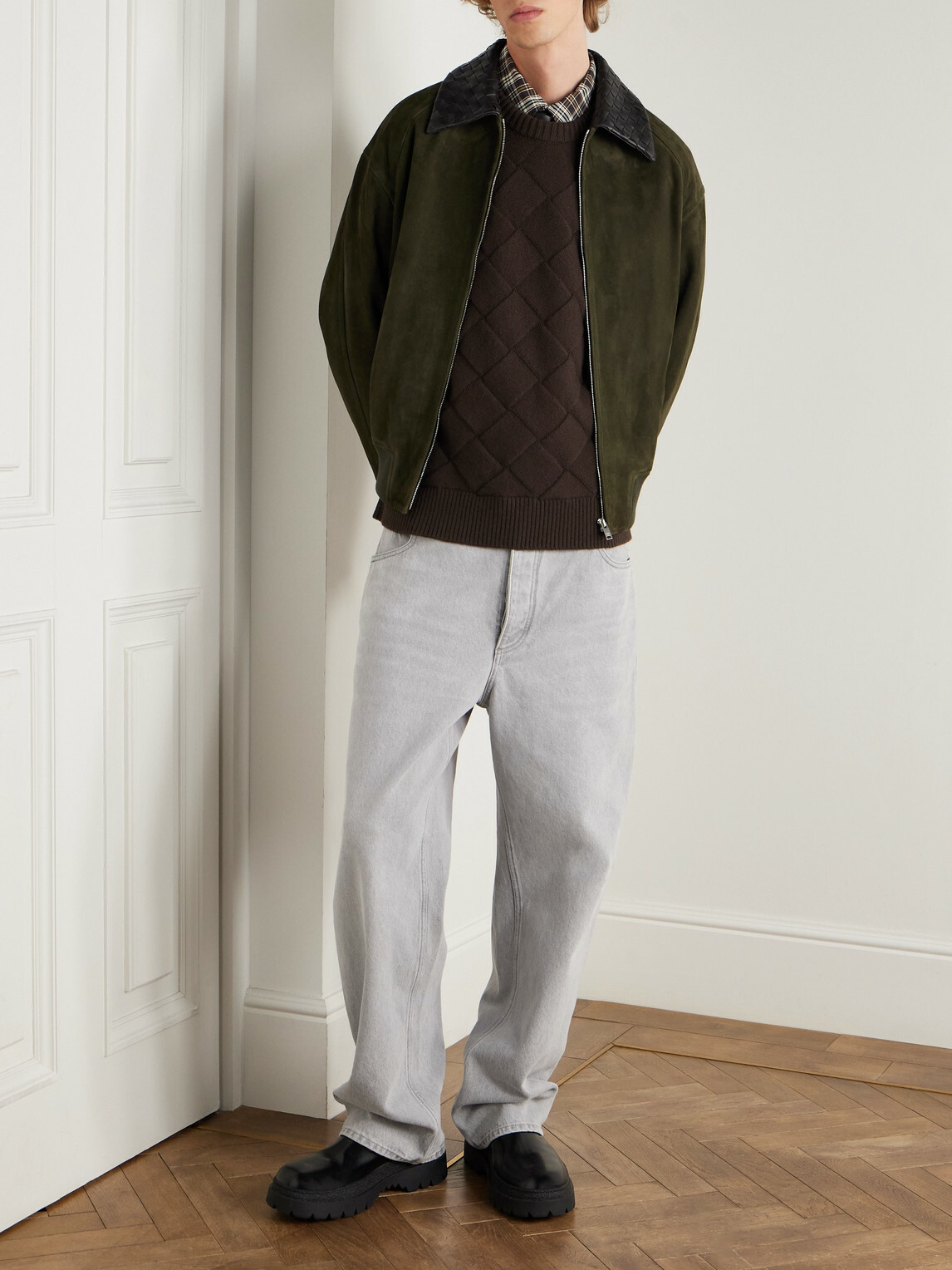 Bottega Veneta - Intrecciato Leather-Trimmed Suede Bomber Jacket - Green