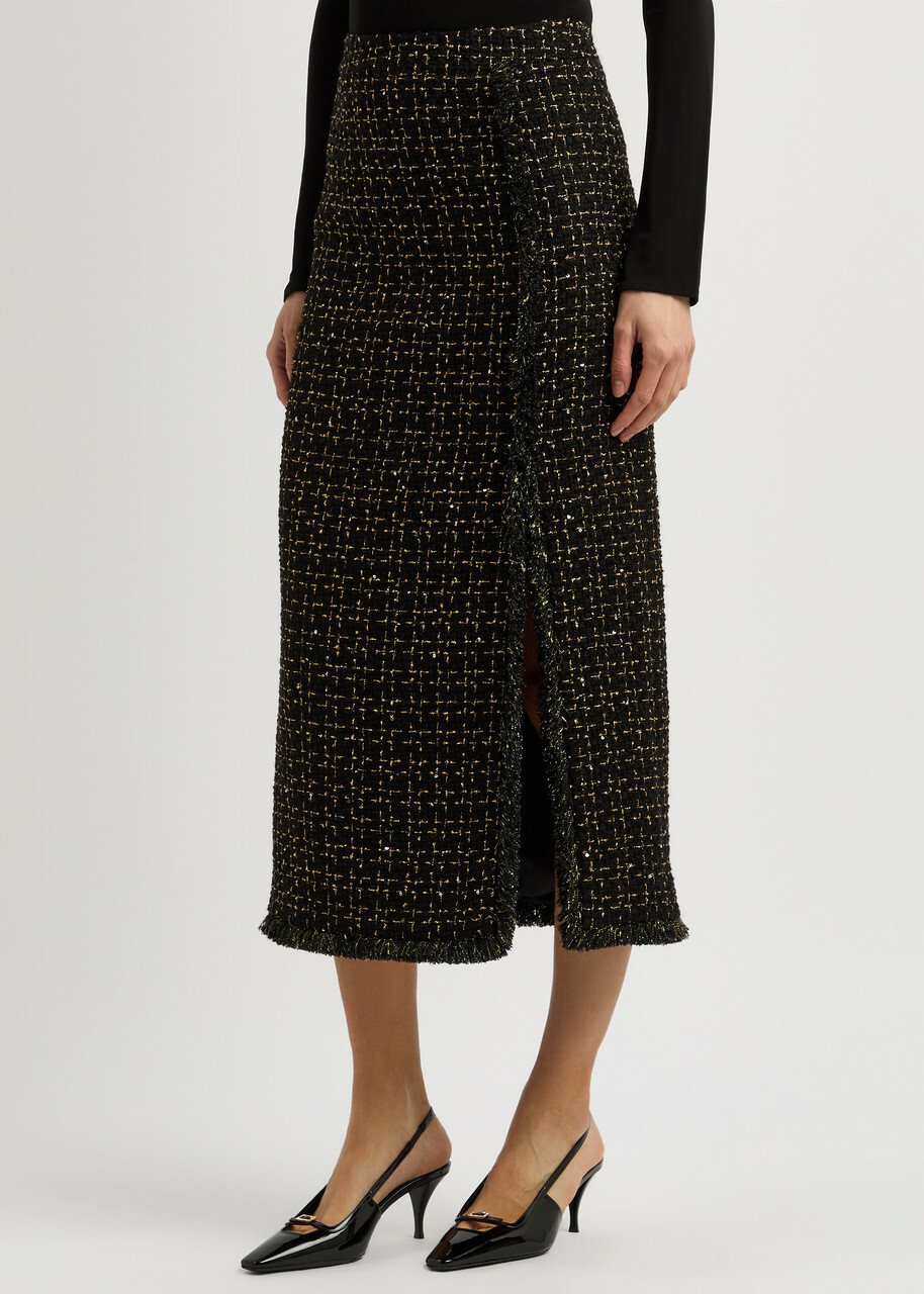 Huishan Zhang Gia Metallic Tweed Midi Skirt Black