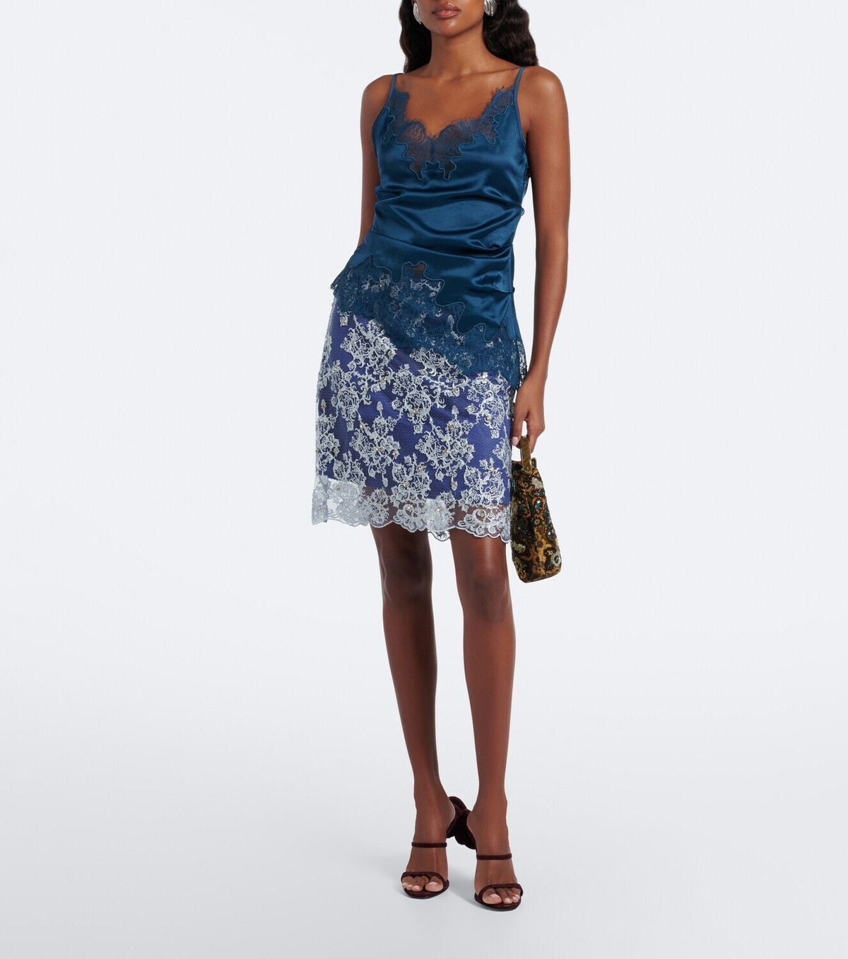Jacques Wei Embellished leather-trimmed lace miniskirt
