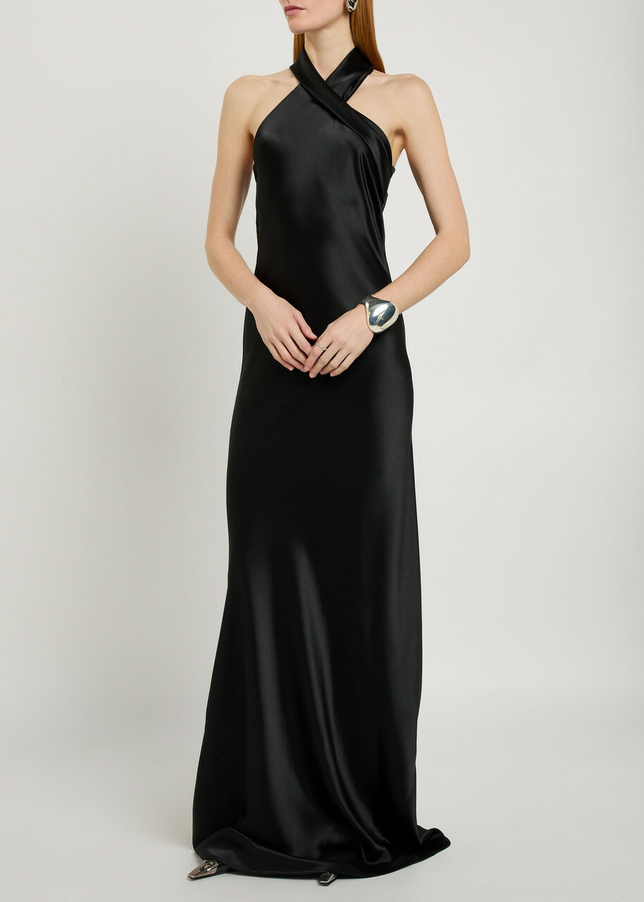 Galvan Pandora Cascading Satin Gown Black