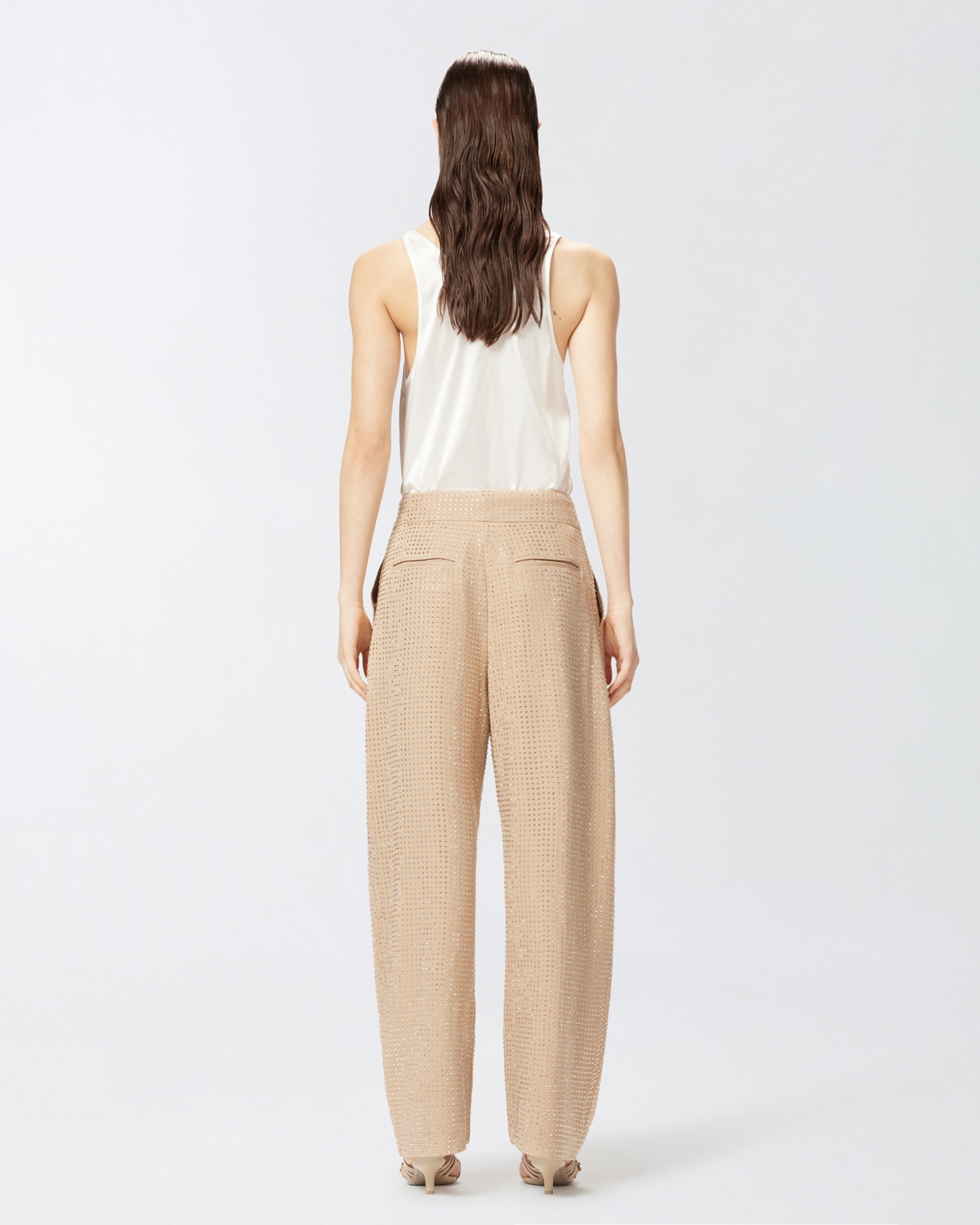 Pinko Wide Full Rhinestone Trousers Warm Taupe Beige Pinko