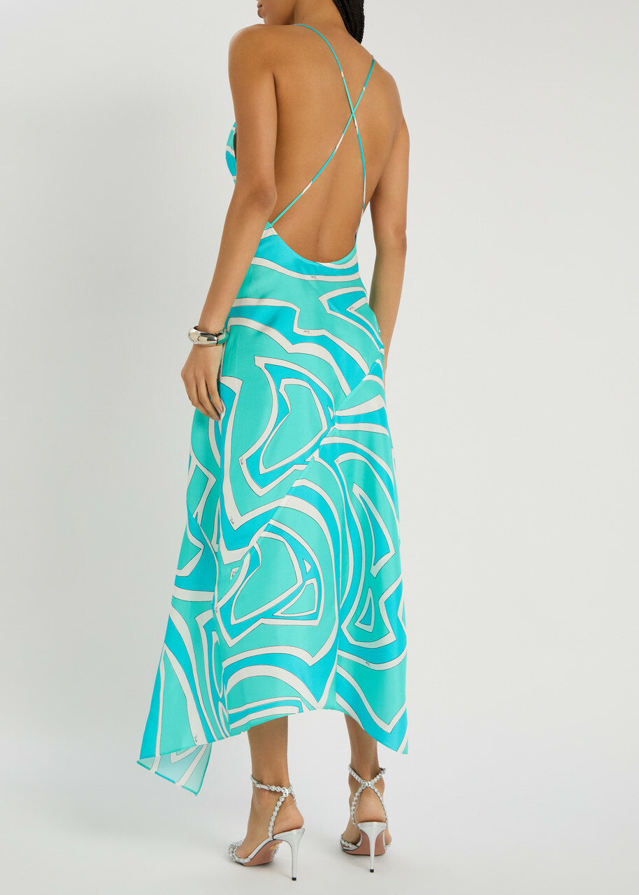 Pucci Abito Printed Silk-twill Midi Dress Turquoise