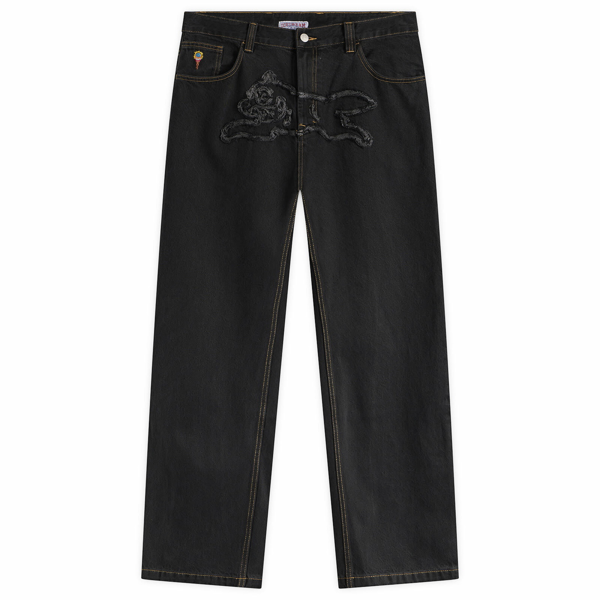 ICECREAM Men's Applique Running Dog Double Scoop Denim Pants in Black