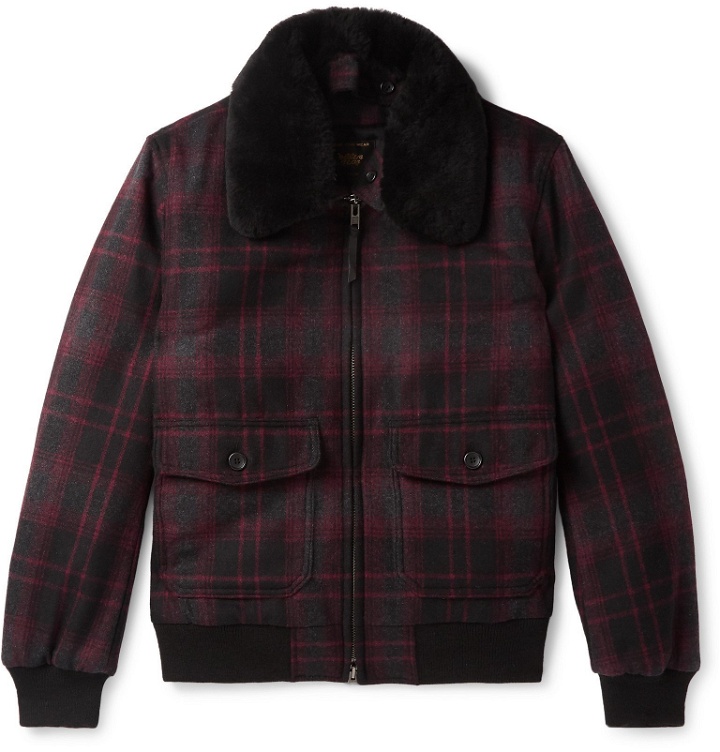 Photo: Golden Bear - The Pierce Shearling-Trimmed Checked Wool Bomber Jacket - Gray