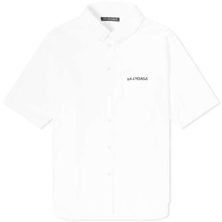 Photo: Balenciaga Men's Logo Poplin Short Sleeve Shirt in White