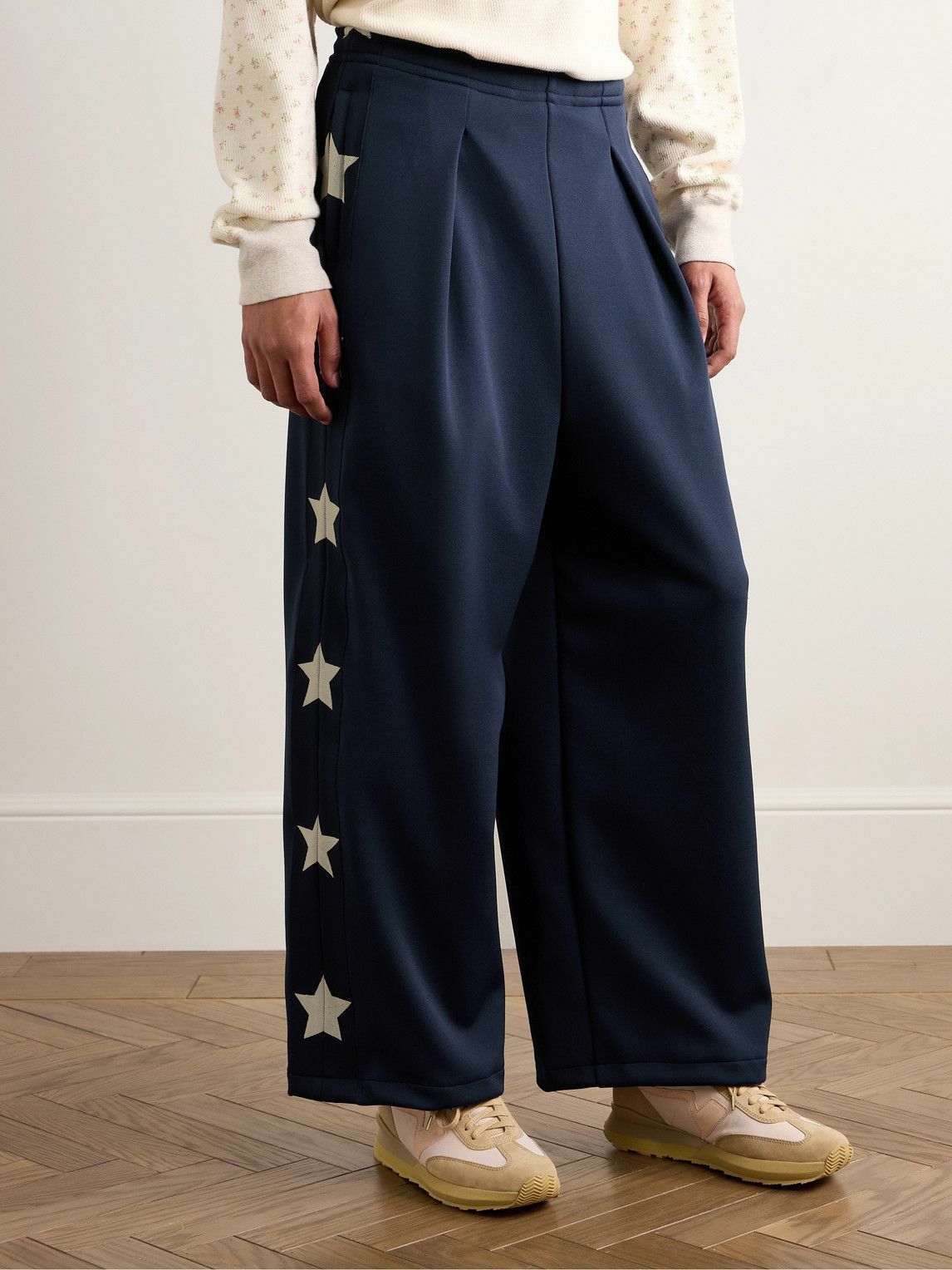 KAPITAL - Wide-Leg Pleated Logo-Appliquéd Tech-Jersey Jacquard Track Pants - Blue