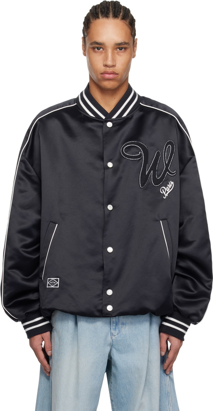 Photo: WOOYOUNGMI Navy Embroidered Patch Varsity Bomber Jacket