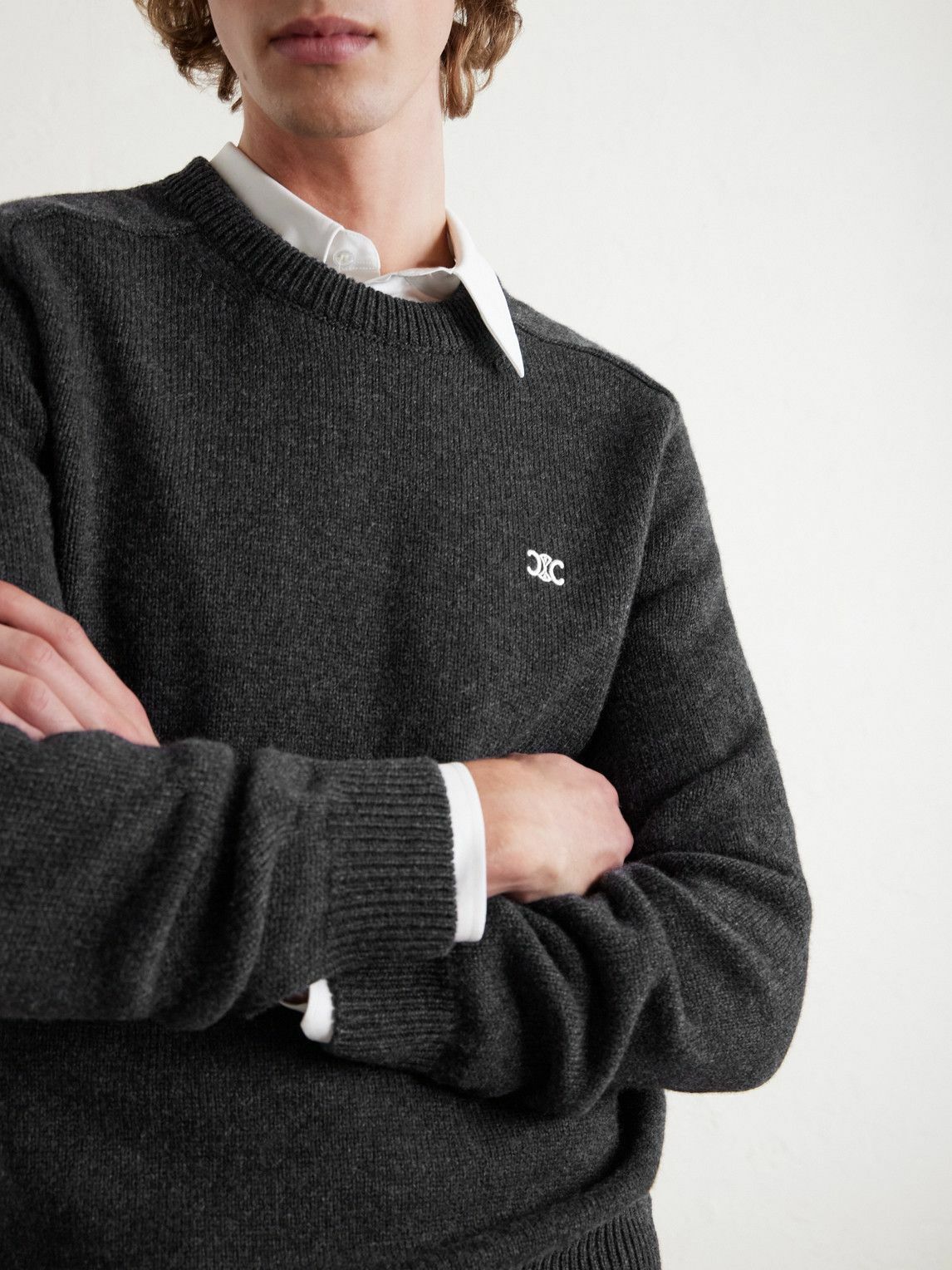 CELINE - Logo-Embroidered Wool and Cashmere-Blend Sweater - Gray