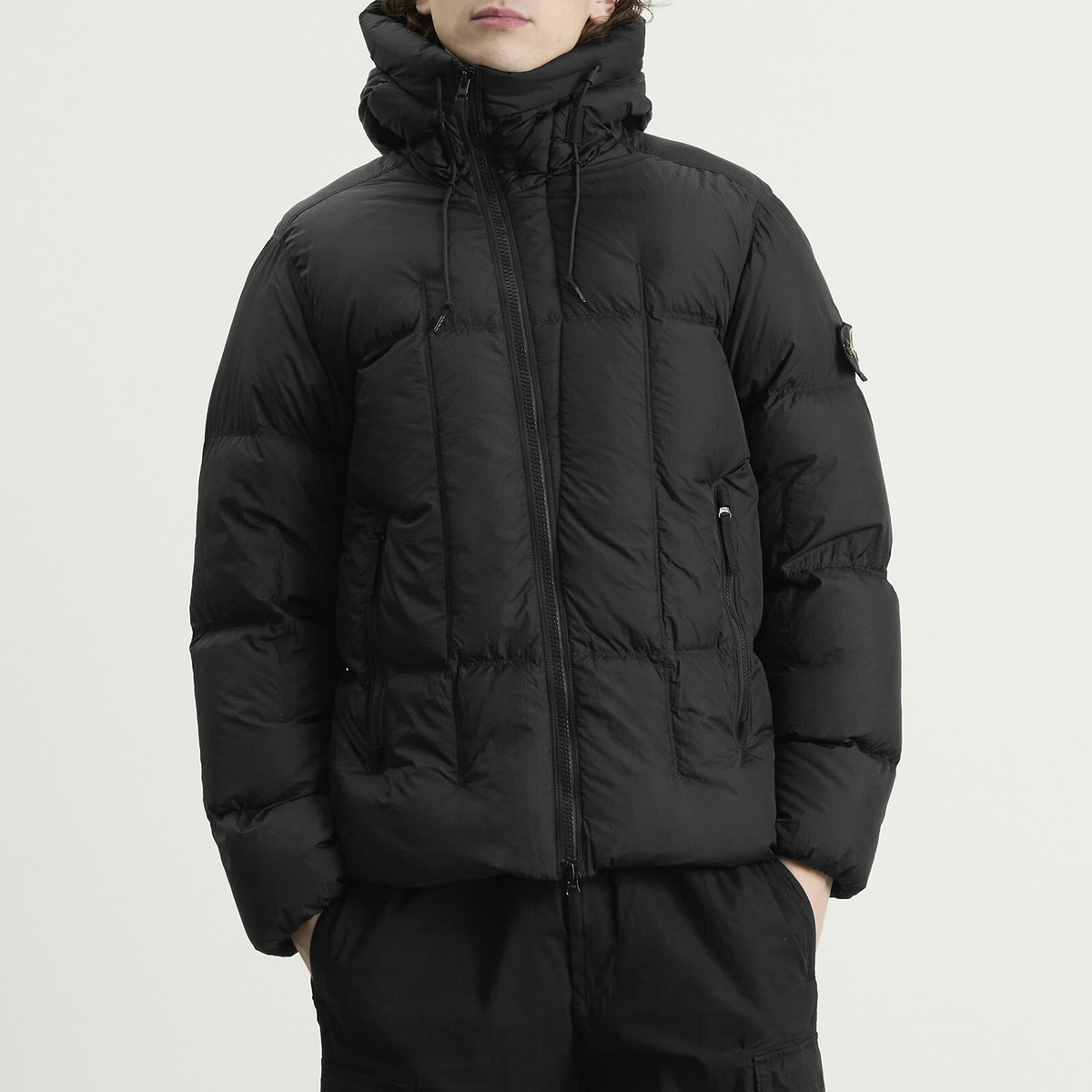 Stone Island Men's Seam Faded Light Nylon Tela Down Jacket in Black