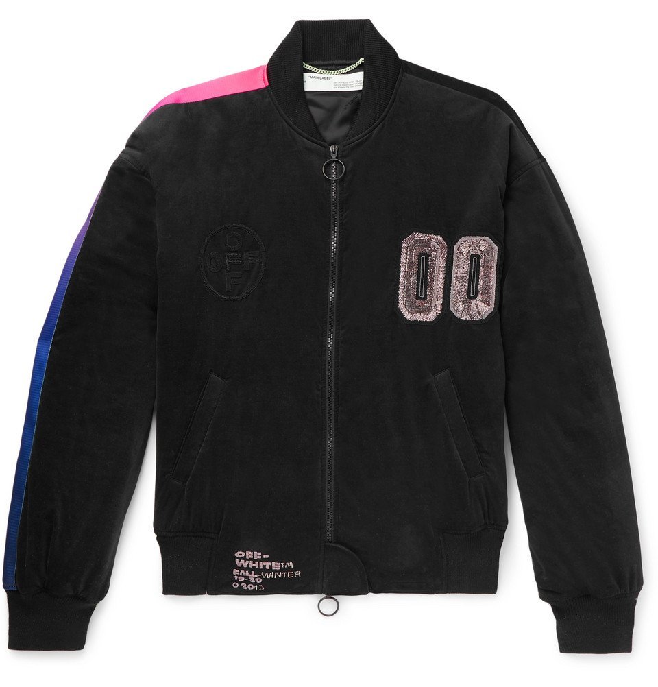 Off-white patch embellished varsity bomber jacket