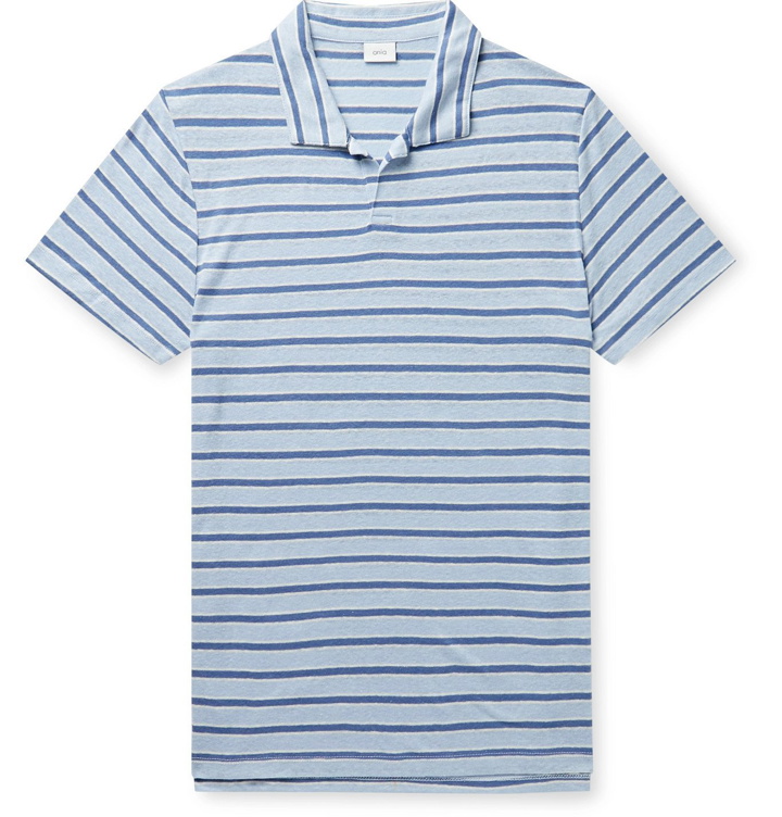 Photo: Onia - Shaun Striped Linen-Blend Jersey Polo Shirt - Blue