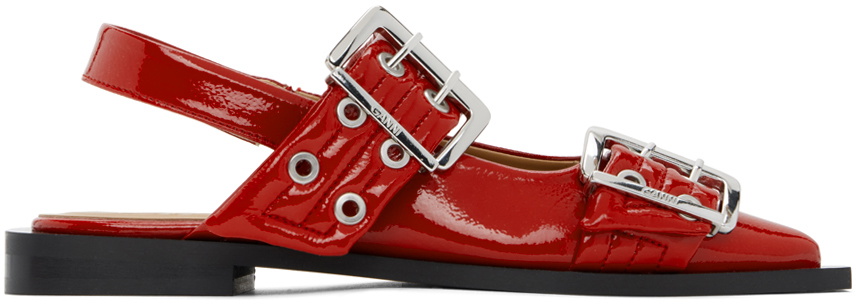GANNI Red Feminine Buckle Ballerina Flats GANNI