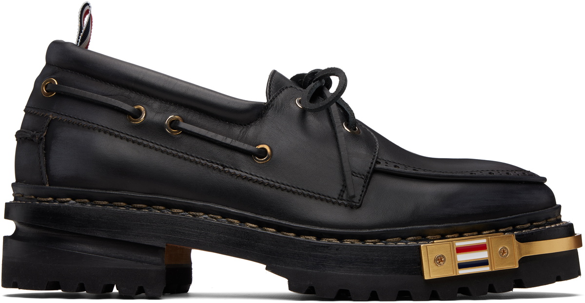 Thom Browne Black Distressed Calf Hiking Boat Shoes