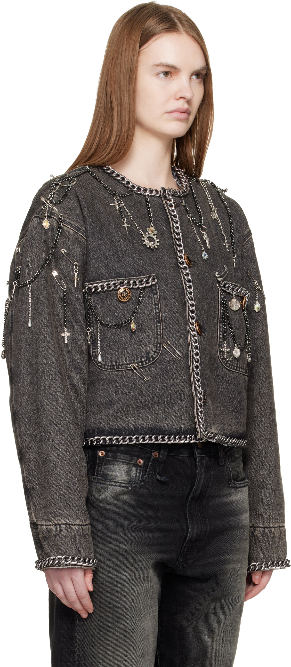 R13 Gray Chain Embellished Cropped Denim Chore Jacket