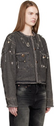 R13 Gray Chain Embellished Cropped Denim Chore Jacket