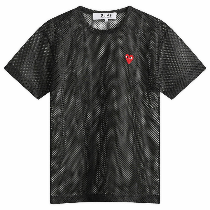 Photo: Comme des Garçons Play Mesh T-Shirt Red Emblem in Black